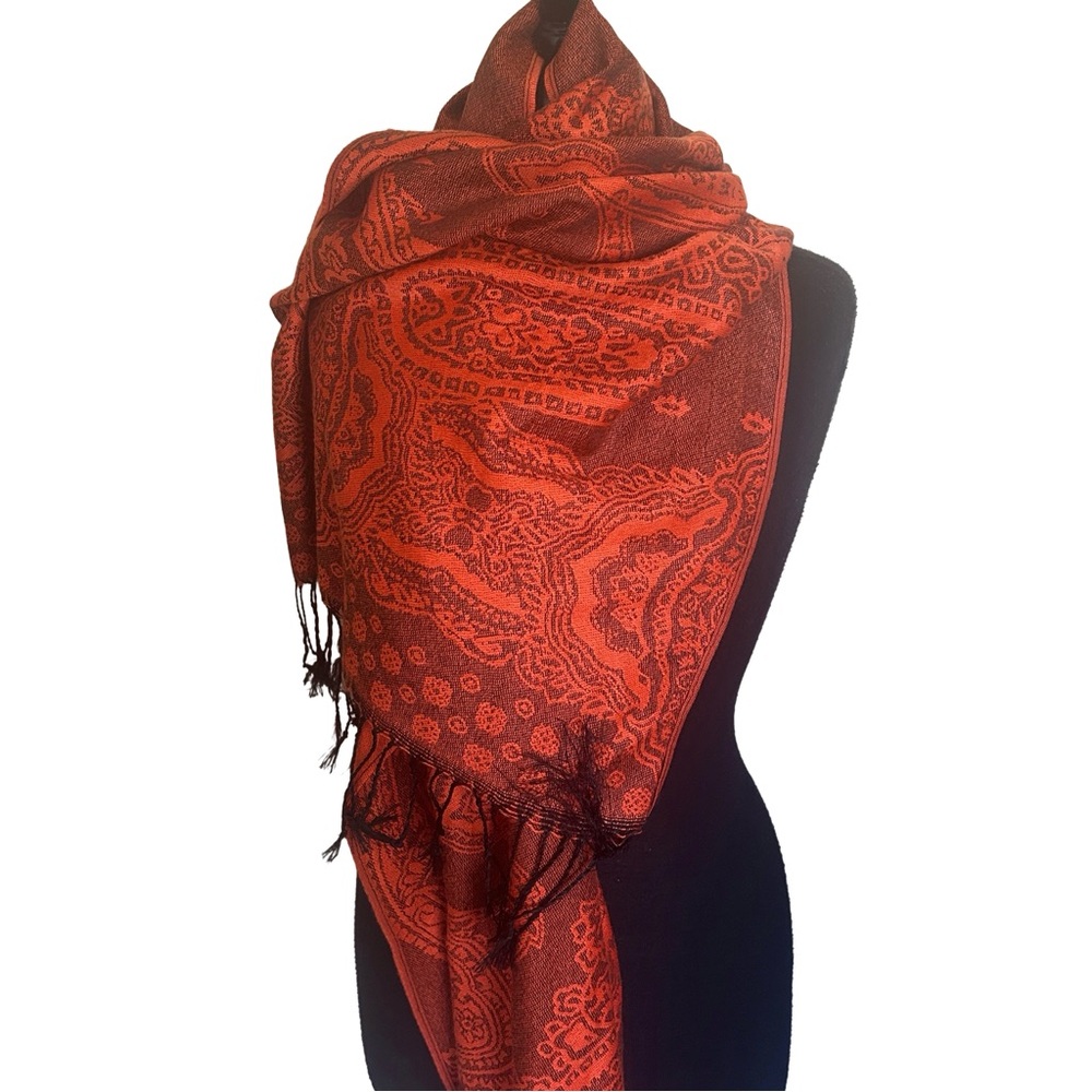 Jerusalem Cashmere Paisley Red Orange Scarf with Fringe